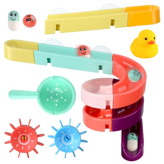 Bath Toy Creative Track-assemble Funny Bathtub Toy Splash Water Toy for Kids. The multicolor plastic set includes various components such as curved and straight track pieces, spinning wheels, a yellow rubber duck, and a green water scoop. Designed for assembly, this toy encourages interactive play in bathtubs, swimming pools, or outdoor water settings. Available in three package sizes: 12, 24, or 44 pieces.