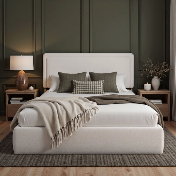 Aykah Numa Boucle Queen Bed Frame with Storage, Upholstered Headboard, Metal Bed Frame Queen Size with Headboard, Hydraulic Storage System, No Box Spring Required (Marshmallow Boucle)