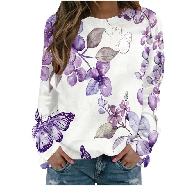 KIHOUT Chandails Molletonnés pour Femmes en Liquidation, Hauts Blouse à Manches Longues d'Automne et d'Hiver à Col Rond à Imprimé Floral, Coupe Ample, Taille P-2TG