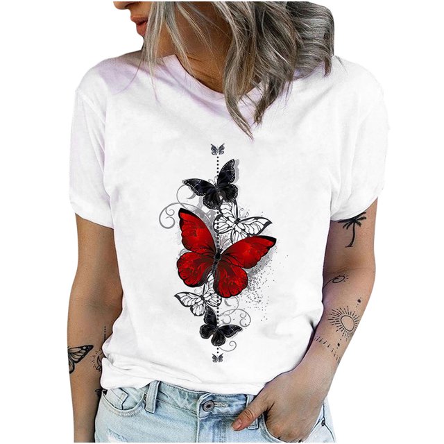 T-shirts Graphiques pour Femmes Décontractés à Imprimé Papillon, Manches Courtes, T-Shirts d'Été à Col Rond, Coupe Ample, Chandails Tee pour Jeans