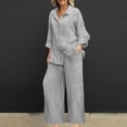 thumbnail image 2 of Women 2 Piece Linen Sets 2025 Button Up Long Sleeve Shirt Drawstring Wide Leg Pants Set Summer Outfits, 2 of 5