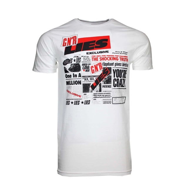 Guns n Roses Lies T-Shirt featuring the band's Lies album artwork on the front. This white, 100% cotton men's t-shirt has a standard fit and showcases a bold graphic design with newspaper-style elements and the text 'GN'R Lies' prominently displayed. Officially licensed merchandise, ideal for fans of the band.