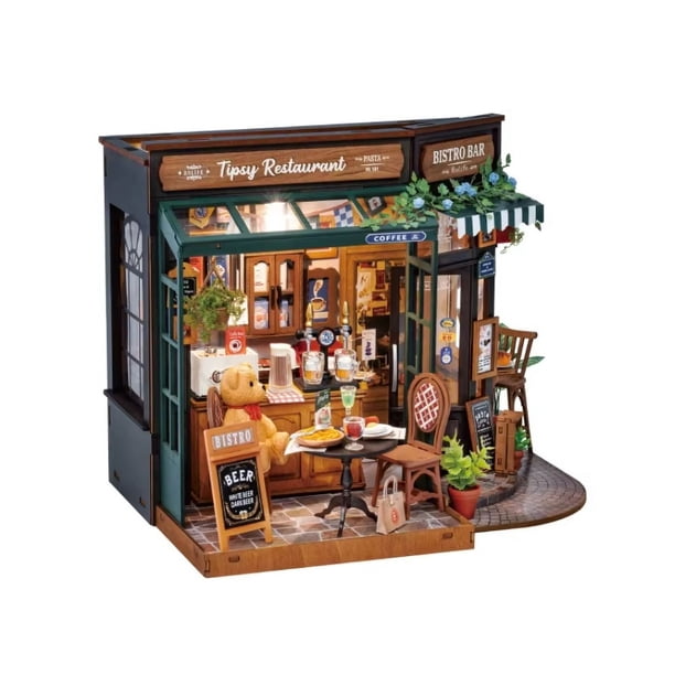 ROWOOD – Maison De Poupée Tipsy Restaurant – Kit DIY Miniature En Bois – Réplique De Bistro Classique – Assemblage Par Encastrement – Éclairage LED Inclus – Cadeau Unique Pour Noël