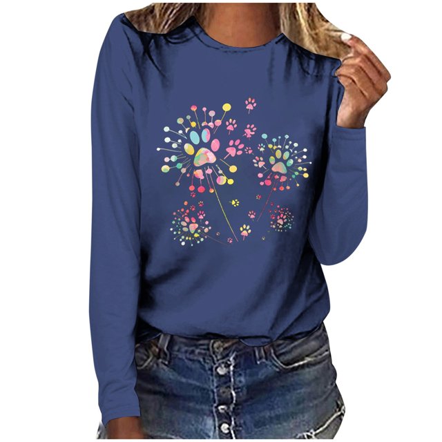 Pisexur Hauts d'Automne pour Femmes Mode Mignon T-Shirt Imprimé Graphique Hauts Col Rond Manches Longues Chemises pour Femmes Habillées Décontractées Sorties Hauts Confort Polyvalents Légers T-Shirts