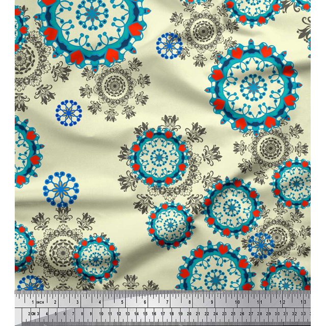 Soimoi Crepe Silk Fabric Snowflake & Damask Ethnic Printed Fabric 1 Yard 42 Inch Wide