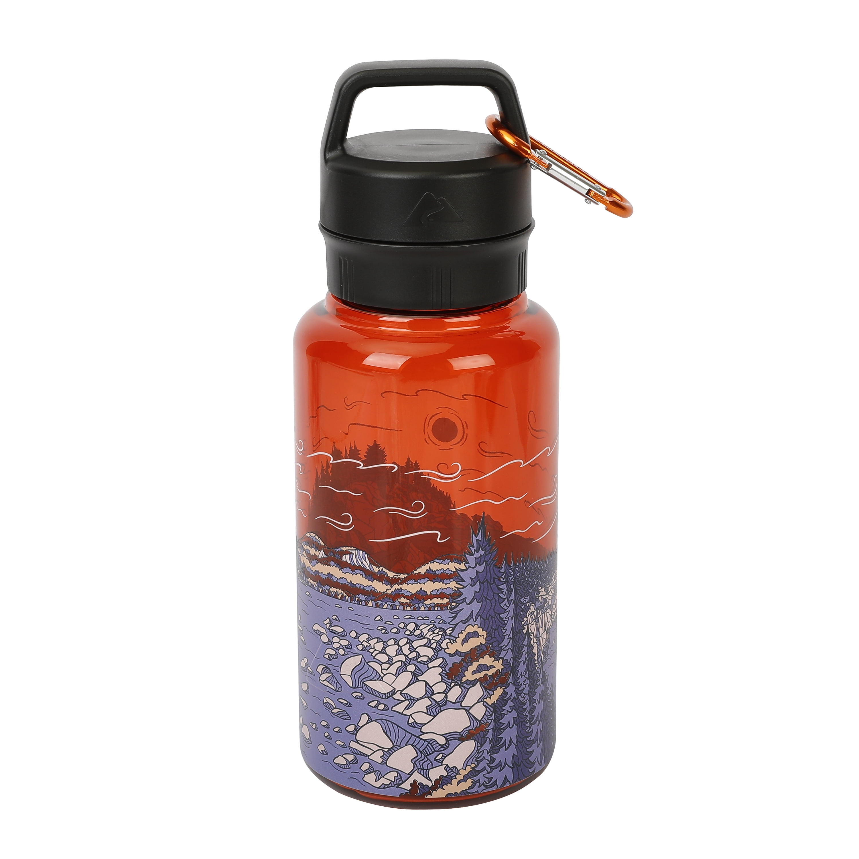 Ozark Trail 32 oz Tritan Water Bottle with bonus 6cm carabiner, Mountain & Lake Print, Red, Blue