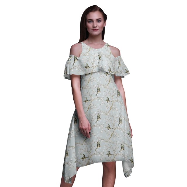 Bimba Robe Droite Évasée à Épaules Dénudées pour Femmes à Volants devant Imprimée Oiseau Bleu - Petit