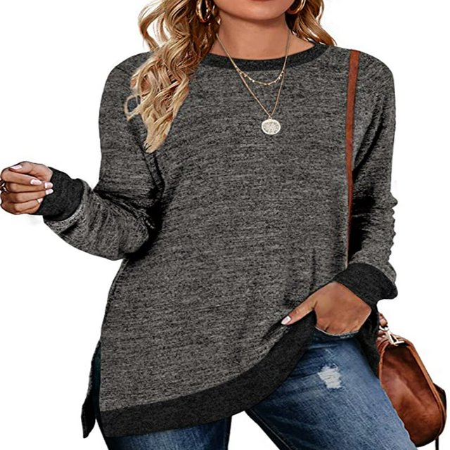 Sweatshirt for Women Long Sleeve Tunic Tops Color Block Crewneck Sweatshirts Side Split