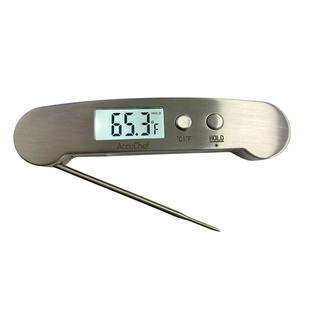 AccuChef Thermomètre Numérique à Lecture Instantanée avec Corps en Acier Inoxydable Brossé et Sonde Ultra-Mince Pliable, Affichant 65,3 °F sur un Écran LCD Rétroéclairé Blanc, avec Boutons pour °C/°F et Fonction Maintien, Conçu pour des Lectures de Température de Cuisson Rapides et Précises et un Nettoyage Facile.
