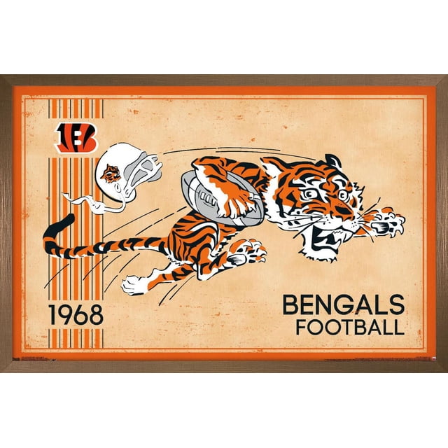 NFL Cincinnati Bengals - Retro Logo 14 Wall Poster, 22.375" x 34" depicting a vintage-style Bengal tiger leaping with a football, a white helmet with the Bengals logo, and the year 1968 on a beige textured background framed in orange, perfect for sports-themed wall décor.
