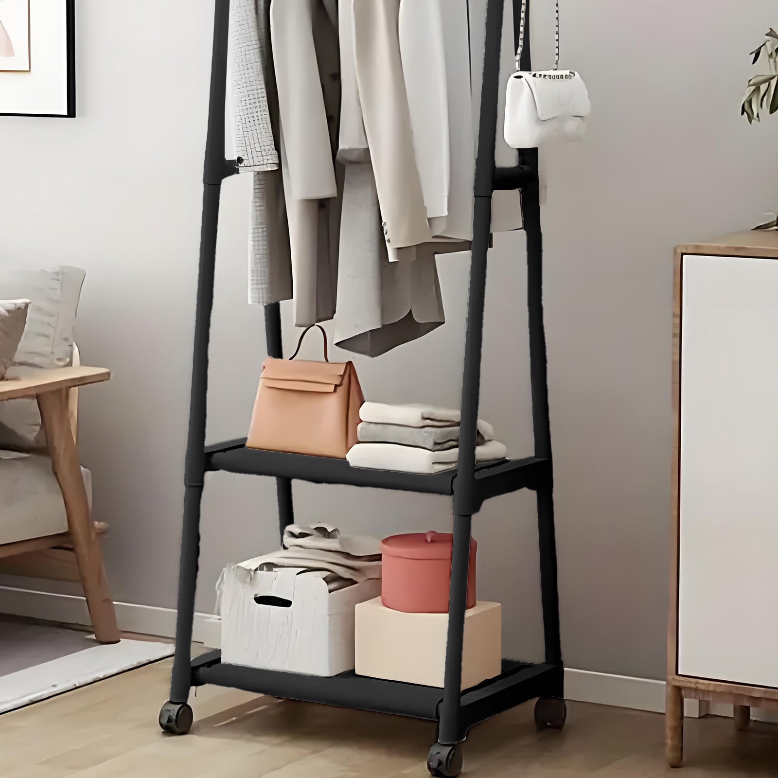 Freestanding Corner Coat Rack with 2 Shelves & Hooks, Space-Saving