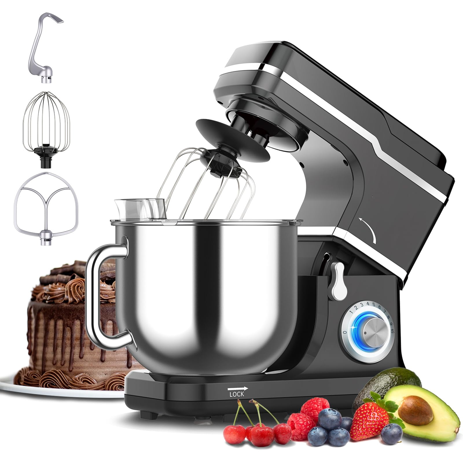 QinaQin 7.5 Quart Stand Mixer, 600W Tilt Head Electric Mixer with Bowl, Dough Hook, Beater and Whisk for Baking