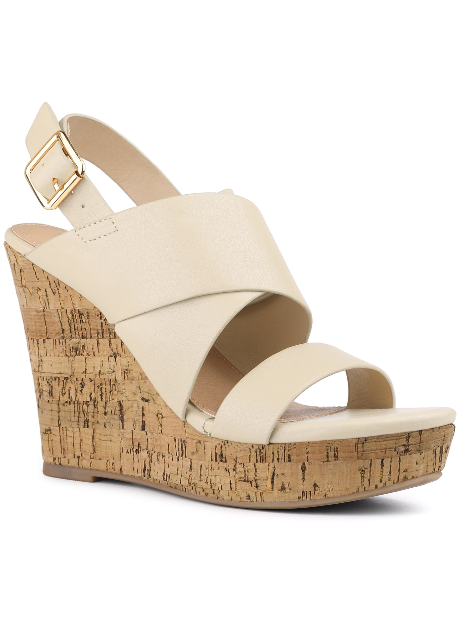 BLISSFUL STEP Sandales pour Femmes à Talons Compensés à Plateforme avec Bride à la Cheville Sandales Beige 7