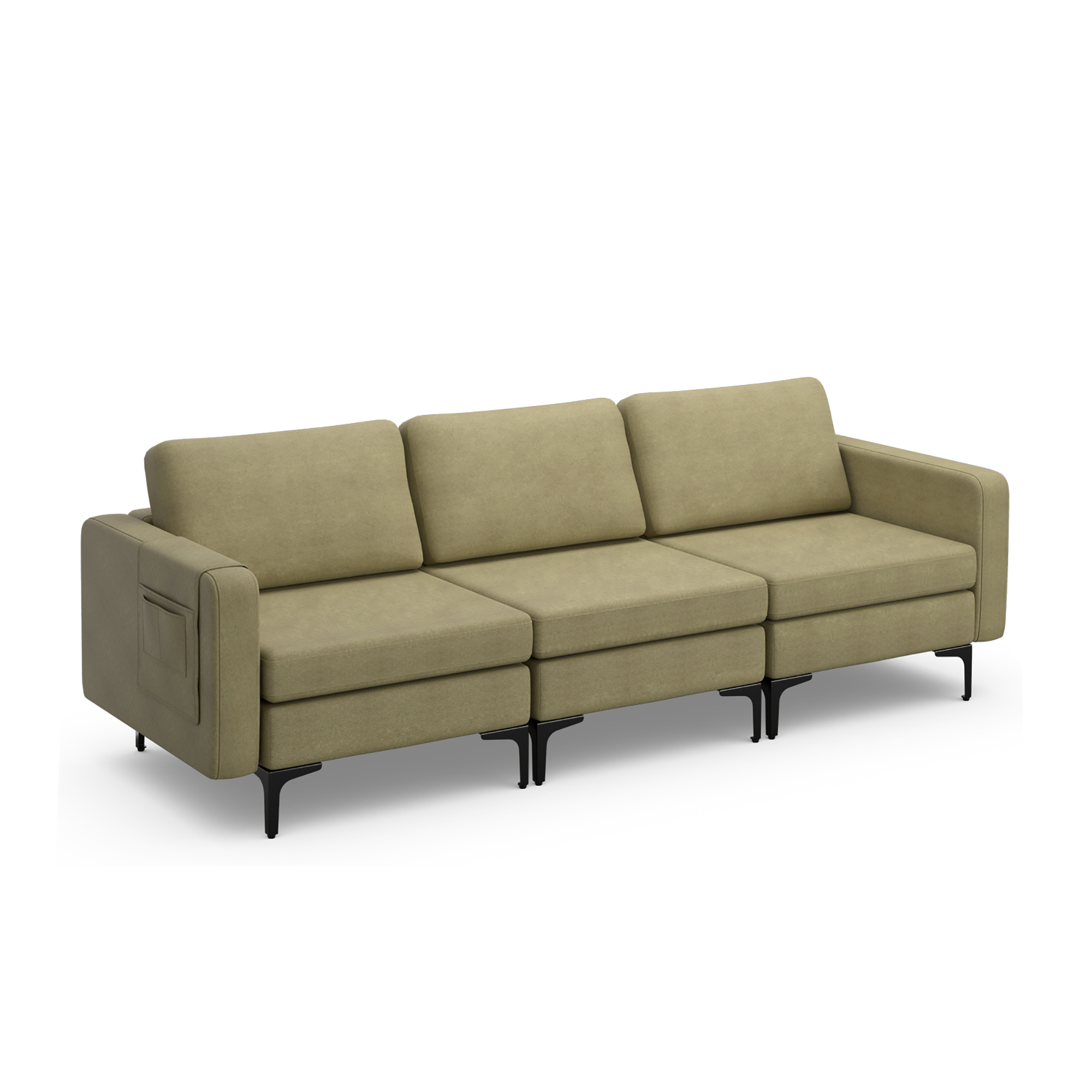 Costway Modern Modular 3-Seat Sofa Couch w/ Side Storage Pocket & Metal Leg Green