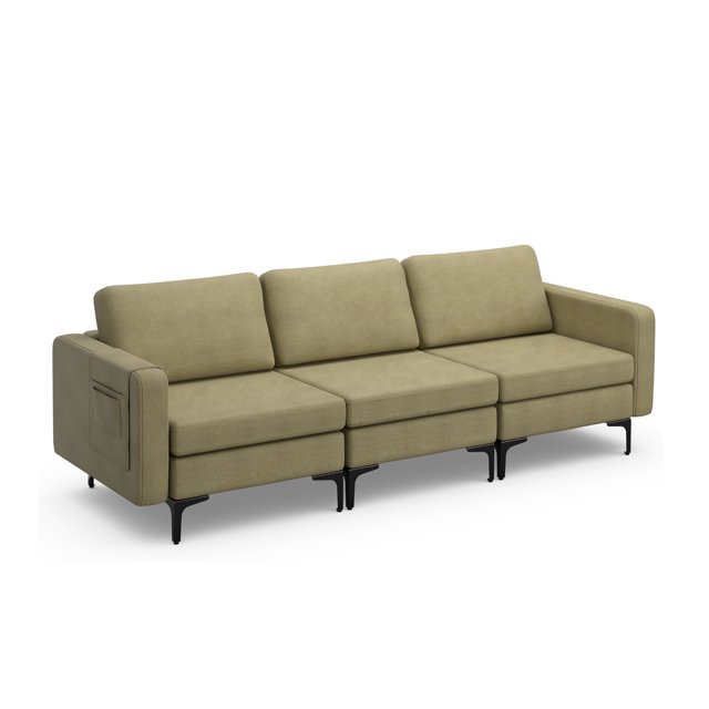 Costway Modern Modular 3-Seat Sofa Couch w/ Side Storage Pocket & Metal Leg Green