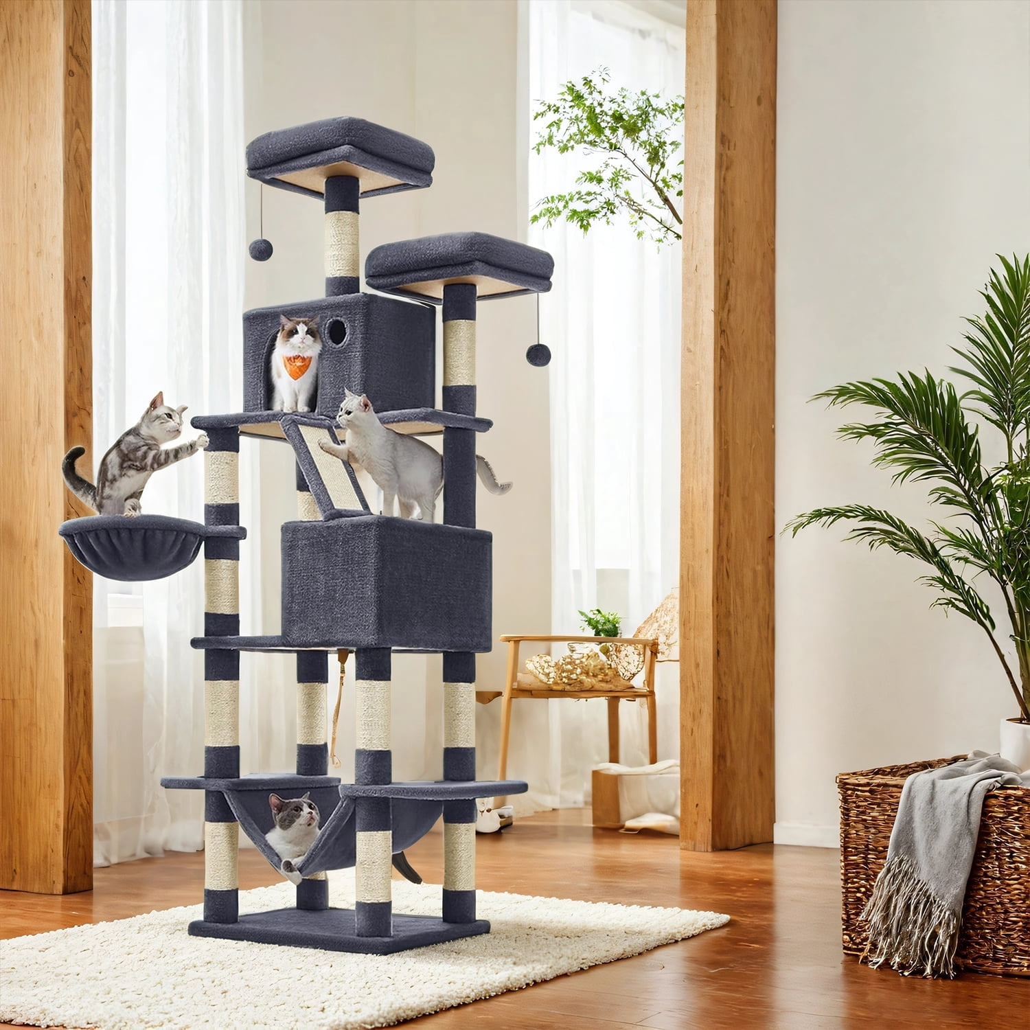 LEDREM 81.1-Inch Multi-Level Cat Tree Tower with 13 Scratching Posts, 2 Perches & Hammock - Plush Cat Condo for Large Cats, Anti-Tip Design, Smoky Grey