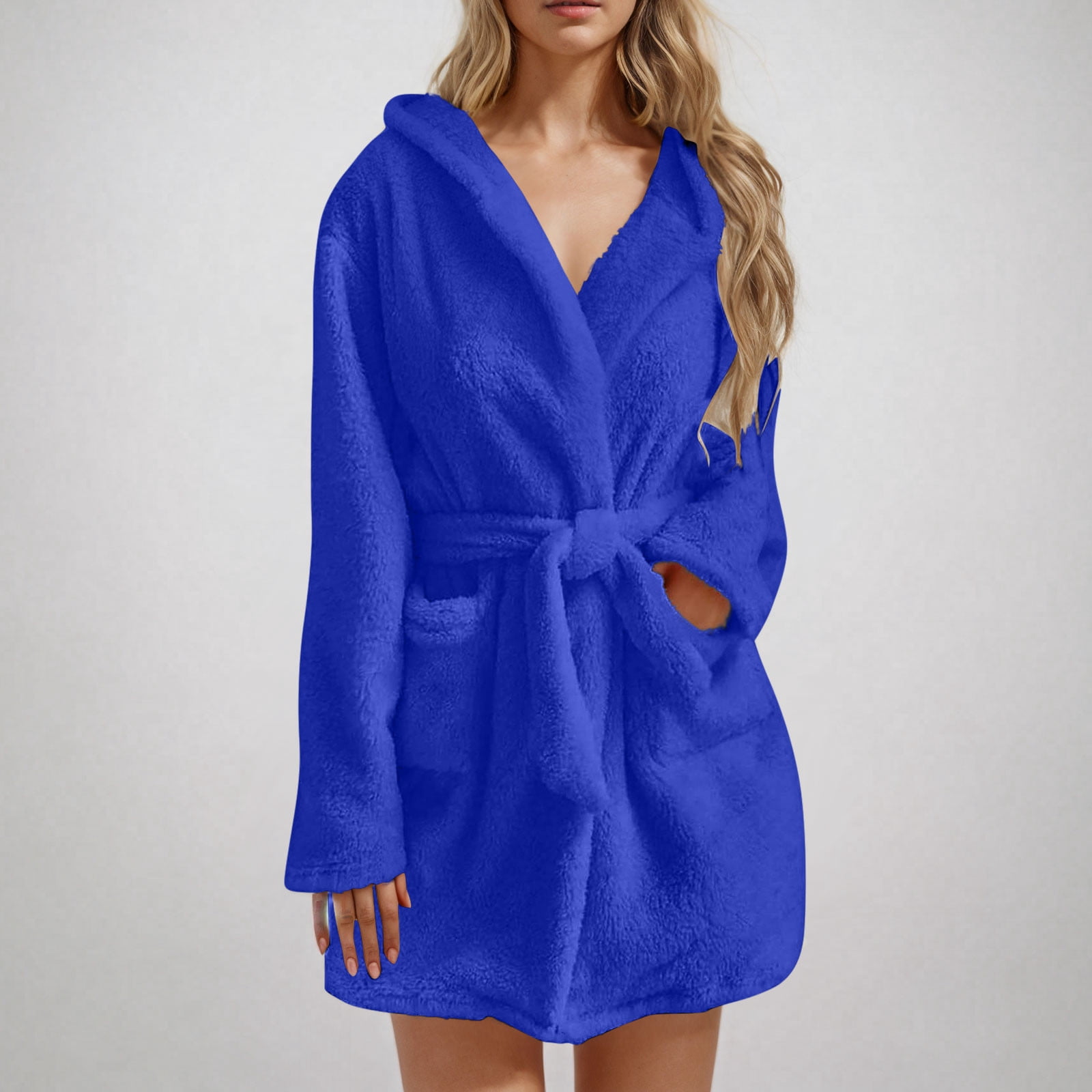 Cute Fleece Hooded Robe for Women Soft Warm Mid-Length Bathrobe Fall Winter Sleepwear Loungewear with Pockets New Womens Bath Robe Blue L