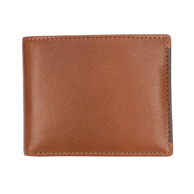 R70 Men's Grant Slim Fold with Pullout with RFID Wallet in brown genuine leather, slim rectangular shape with fine stitching and a dark pullout tab on the right edge, featuring 15 card slots, an open ID window, two currency pockets, and RFID protection for secure everyday use.