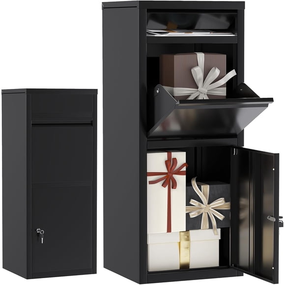 AECOJOY Heavy-Duty Steel Anti-Theft Parcel Drop Box, 120 LBS Large Capacity All Weather Outdoor Secure Mailbox with Mail Slot & Lockable Bottom Pickup Compartment, 16.34” x 15.2” x 40.2”,Black