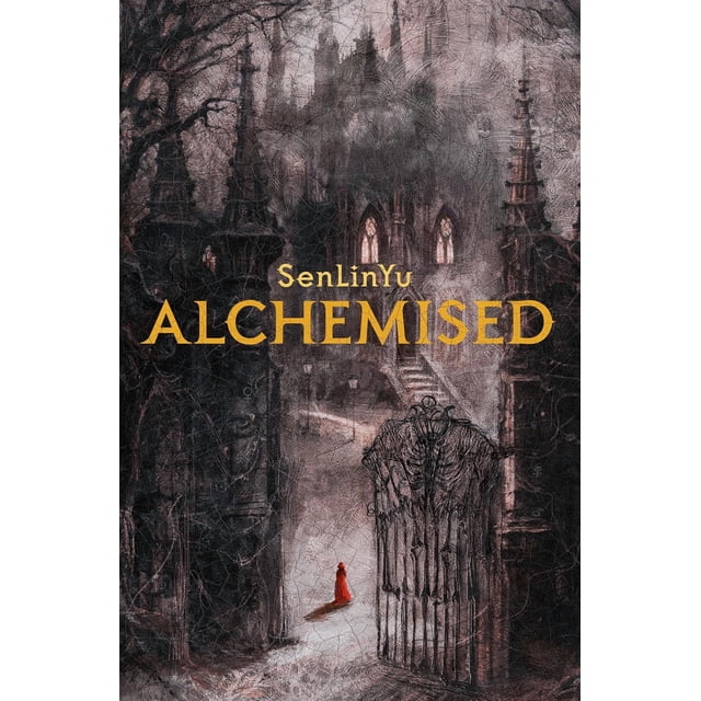 Alchemised Couverture de Livre by SenLinYu Représentant une Scène de Roman Fantastique Sombre avec un Château Gothique, des Fenêtres Lumineuses, des Environs Brumeux et une Figurine Isolée dans une Cape Rouge Près d'Une Grande Porte Squelettique, Reflétant l'Atmosphère Inquiétante et Mystérieuse de l'Édition à Couverture Rigide.