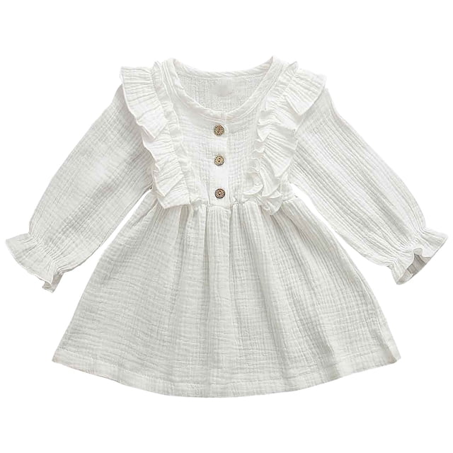 Splozh Robe d'Automne pour Tout-Petit Robe pour Tout-Petit Enfants Bébé Fille en Lin Uni à Boutons à Volants Robe de Fête Vêtements Blanc, 5-6 Ans