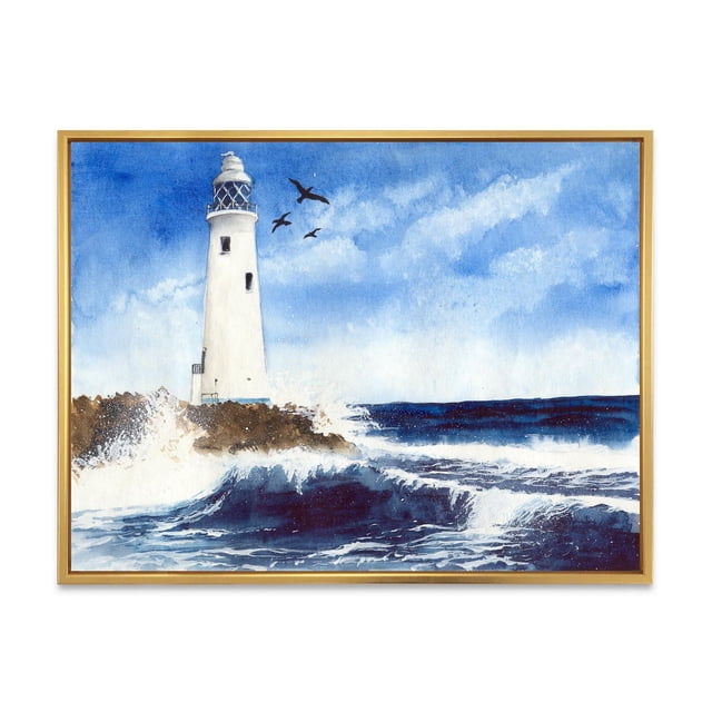 Designart Lighthouse On The Rocky Island With Seagulls FLOAT FRAME WALL ART depicting a white lighthouse on rocky shore with crashing ocean waves and three seagulls flying under a blue sky, printed on fade-resistant canvas stretched over a 1-inch wood sub frame with a natural wood floating frame, ready to hang and suitable for coastal home décor.