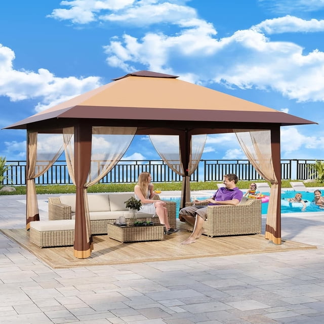 Bingirl Pavillon Instantané 13 X 13 Pi avec Moustiquaire, Hauteur Réglable, Double Toit et Résistant aux UV (Kaki + Kaki Pâle)