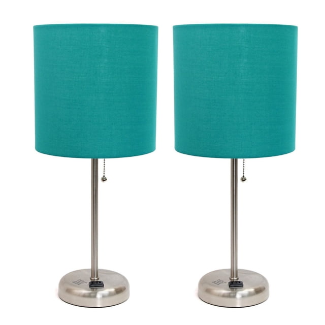 LimeLights Brushed Steel Stick Lamp with Charging Outlet and Fabric Shade 2 Pack Set with two table lamps featuring brushed steel bases and teal fabric drum shades, each with a pull chain switch and built-in 2-prong charging outlet for phones and tablets, ideal for bedrooms, dorms, nurseries, or offices.