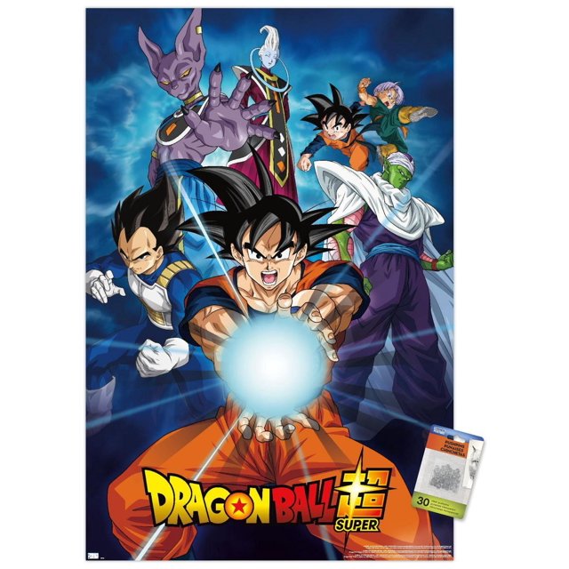 Dragon Ball Super - Affiche Murale de Groupes, 22,375 Po x 34 Po Encadrée avec six Personnages Principaux en poses d'Action Dynamiques sur un Fond d'Énergie Bleu, avec Goku Centré Exécutant une Explosion d'Énergie, Vegeta Gauche, Piccolo Droit, Trunks Qui Donne des Coups de Pied au-Dessus, Beerus Tendant vers l'Avant et Whis Se Tenant derrière, avec le logo Dragon Ball Super au Bas, Idéal pour la Décoration Murale de Chambre Ou de Bureau.