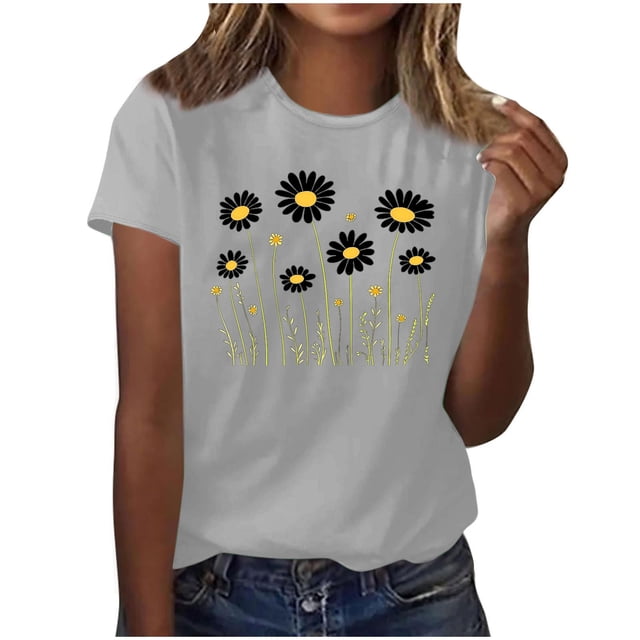 Pisexur Hauts pour Femmes Design Imprimé Marguerite Hauts Mignons pour Femmes Hauts d'Été Décontractés Manches Courtes, Hauts de Printemps pour Femmes & Hauts d'Entraînement pour Femmes