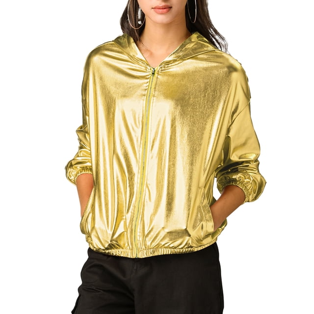 INSPIRE CHIC Women's Jacket Shiny Long Sleeve Lightweight Zipper Hooded Metallic Jacket S Gold