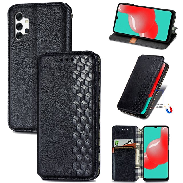 Étui pour Samsung Galaxy A32 5G, Étui Portefeuille à Rabat, Protecteur Magnétique Noir. l'Étui Présente une Finition Texturée Effet Cuir avec un Motif Géométrique à l'Avant. Il Comprend Plusieurs Fentes pour Cartes et Argent, une Fonction de Support pour Visionnement horizontal et une Fermeture Magnétique Sécurisée. des Découpes de Précision Offrent un Accès à l'Appareil Photo, aux ports et aux Boutons. Compatible Exclusivement avec Samsung Galaxy A32 5G.