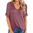 thumbnail image 1 of Women Waffle V Neck Rolled Short Sleeve Plain Knitwear Top, 1 of 3