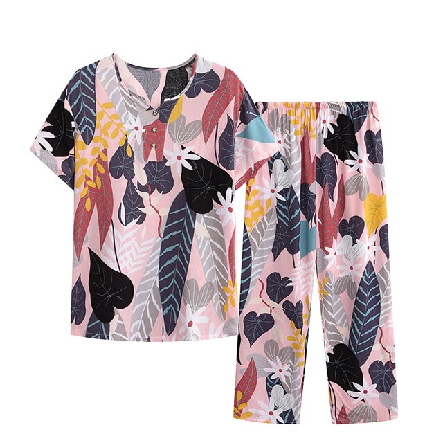 Tnhcen Ensemble de Pyjama d'Été pour Femmes en Lin 2 Pcs / Haut à Manches Courtes Boutonné Col Rond Imprimé Rétro + Pantalon Taille Élastique / TG-4TG