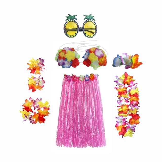 Tropical hawaiian Skirt Costume Set Glasses Accessory Adjustable Stretchy Womens 60cm