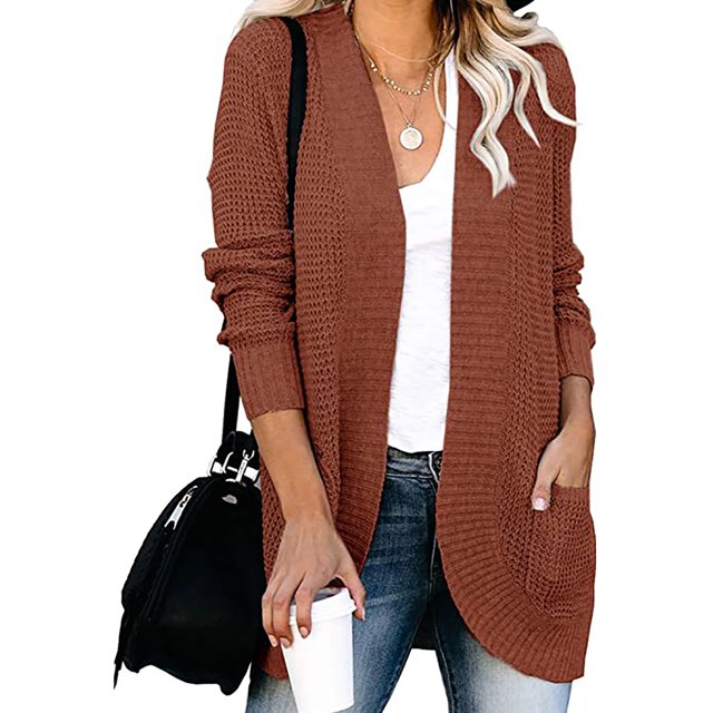 Cardigan Long en Tricot pour Femmes PVCS Décontracté Uni à Manches Longues avec Poches en Peluche