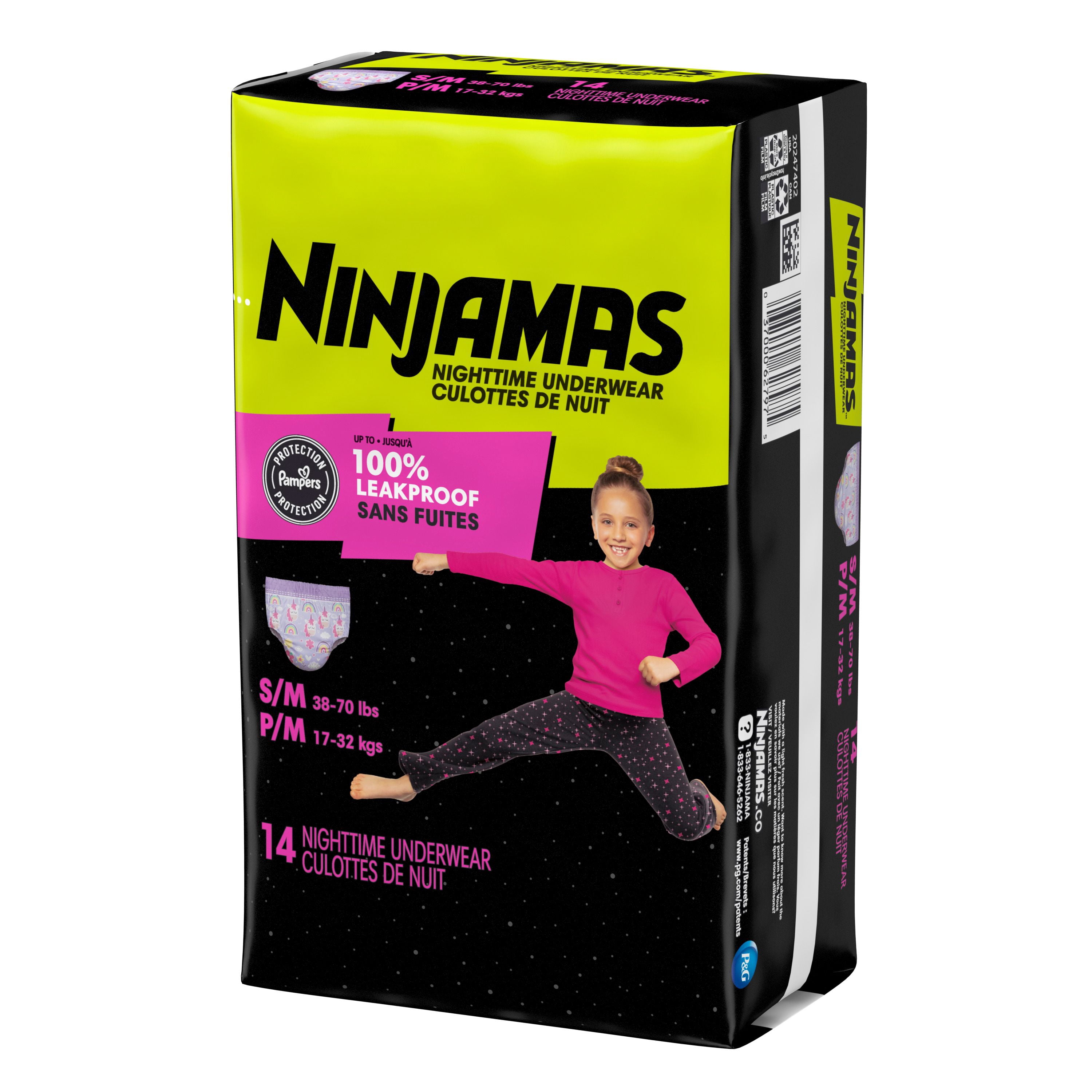 Sous-vêtements de nuit pour l’énurésie Ninjamas pour filles, taille P/M (17 à [38 à 70 lb])