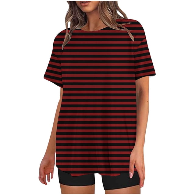 Mikilon Ensemble Élégant pour Femmes 2 Pcs Mode Décontractée Rayé Imprimé Col Rond Épaule Tombante Short Ensemble Deux Pièces Rouge-A L