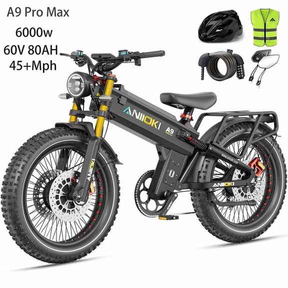 6000W (Crête) Double Moteur 45MPH Vitesse Max ANIIOKI A9 Pro Max Vélo Électrique pour Adultes, Batterie 60V 80Ah, Pneu Grand 26"x4.8", Autonomie 200 Miles, Shimano 7 Vitesses, Vélo Électrique Tout-Terrain UL2849