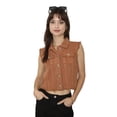 thumbnail image 2 of Womens Distressed Denim Button Up Sleeveless Crop Vest, Brown, XX-Large, 2 of 5
