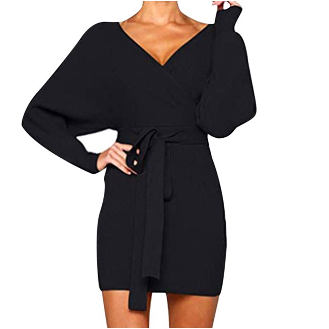 CEHVOM Robe à Manches Longues pour Femmes, Couleur Unie, Aguichant, Lacets, Col en V