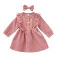 thumbnail image 1 of Toddler Baby Girl Fall Spring Dress Corduroy High-Waist Ruffle Buttons Princess Dress With Bow Headband, 1 of 7