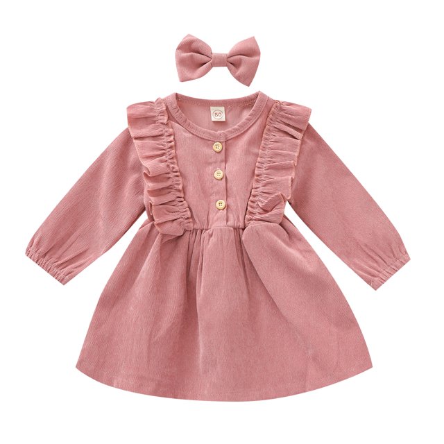Toddler Baby Girl Fall Spring Dress Corduroy High-Waist Ruffle Buttons Princess Dress With Bow Headband