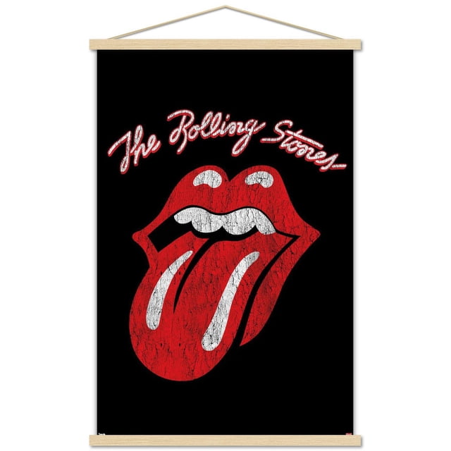 Rolling Stones - Affiche Murale à Logo Classique, 22,375 Po x 34 Po, Mettant en Vedette le Logo Emblématique des Lèvres et de la Langue Rouges avec des Dents Blanches sur Fond Noir, avec « the Rolling Stones » Inscrits en Rouge et Blanc au-Dessus, Imprimée sur Papier d'Affiche Lustré et Encadrée avec des Barres de Suspension en Bois Naturel, Convient à l'Art Mural à Thème Musical Ou à la Décoration de Chambre en Résidence.