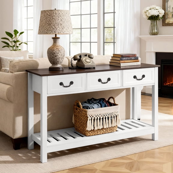 VEVOR Table Console de 47 Po, Bureau Rustique derrière le Canapé avec Tiroirs et Tablette de Rangement Inférieure, Table Étroite Rectangulaire en Bois pour Entrée et derrière le Sofa pour Couloir, Chambre, Salon, Vestibule, Brun + Blanc