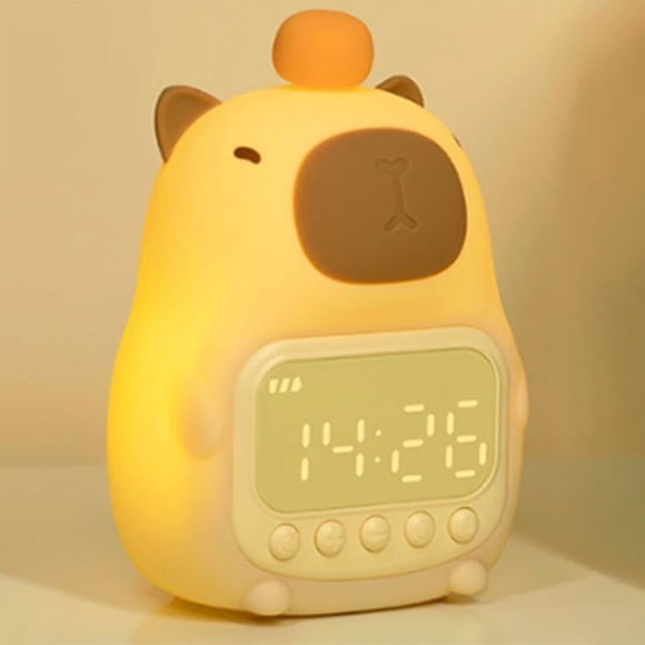 Capybara Veilleuse avec Réveil Numérique, Mignonne Lampe de Chambre de Bébé Rechargeable à Pression, Veilleuse en Silicone à Intensité Réglable pour Enfants-HAPDEN