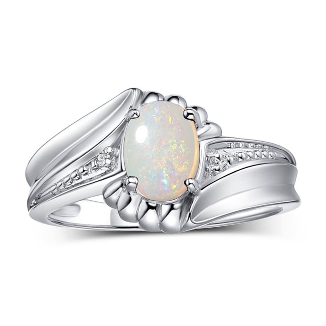 RYLOS Rings for Women Sterling Silver Swirl Z Ring 7X5MM Oval Gemstone & Diamond Rings October Opal Jewelry Size 9