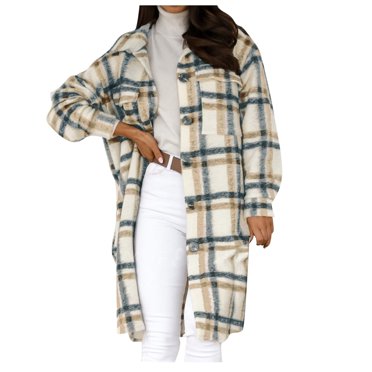 jsaierl Womens Plaid Long Wool Blend Coat Shacket Jackets Long Sleeve Button Down Casual Boyfriend Flannel Shirts