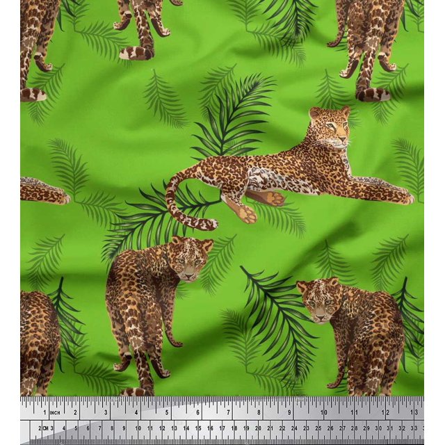 Soimoi Tissu Satin Modal Feuilles & Léopard Imprimé Animal au Mètre 42 Pouces de Large