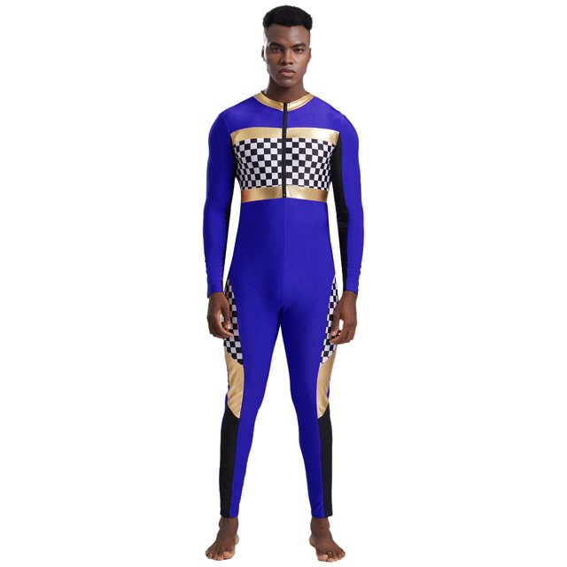 iiniim Men's Race Car Driver Costume Jumpsuit Checkerboard Plaid Rompers Finish Line Racer Outfits Royal Blue 3XL